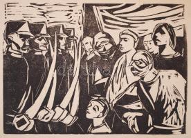 Engel Teván István (1936-1996): Katonákkal szemben. Linómetszet papír. Jelzett. 25x18 cm