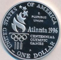 Amerikai Egyesült Államok 1996. 1$ Ag "Atlanta Olimpia - Tenisz" exkluzív kiadásban plüss tokban tanúsítvánnyal T:PP USA 1996. 1 Dollar Ag "Olympic Games Atlanta - Tennis" exclusive issue in plush case with certificate C:PP