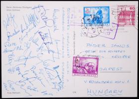1984 Képeslap Stuttgartból a magyar labdarúgó válogatott tagjainak (Détári, Garaba.... ) aláírásaival