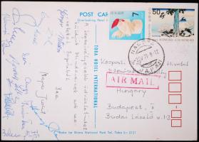 1984 Képeslap Japánból a magyar asztalitenisz válogatott tagjainak (Jónyer, Berczik, Magos...) aláírásaival