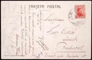 1931 A Ferencváros labdarúgó csapatának uruguayi útjáról küldött képeslap a játékosok (pl.: Toldi, Lázár, Takács, stb...) aláírásával. / 1931 Signed postcard of the FTC from Uruguay