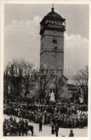 Rozsnyó Town tower, Franciska Andrássy statue 'vissza' So. Stpl