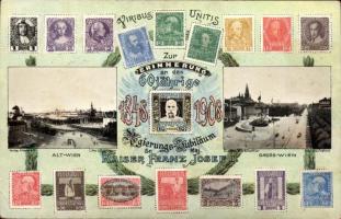 Franz Joseph reign anniversary 1848-1908, Alt-Wien, Gross-Wien, set of Austrian stamps (wet damage)