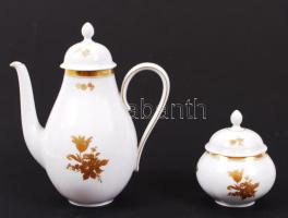 Kézzel aranyozott, jelzett Heinrich porcelán teáskancsó és cukortartó /  Gold plated Bavarian Heinrich porcelain tea kettle and sugar bowl, 11cm, 20cm