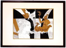 Szász Endre (1926-2003): A sárkány és a fáklyás. Szitanyomat 82/100, papír, jelzett, üvegezett keretben 70×50 cm