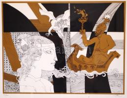 Szász Endre (1926-2003): A sárkány és a fáklyás. Szitanyomat 82/100, papír, jelzett, üvegezett keret...