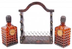 Gines és whiskey-s üveg fa tartóban / 
Gin and whiskey bottle set in wooden frame, 33x28x12cm