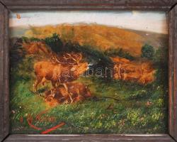 Kroher jelzéssel: A győztes szarvas. Olaj, karton, szép régi keretben 26×23 cm