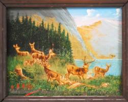 Müller jelzéssel: Őzek a tónál. Olaj, karton, szép régi keretben 26×23 cm