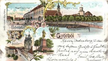 1898 Győr Kisfaludy szobor, hajóhíd, főgimnázium és templom, Kossuth utca, litho