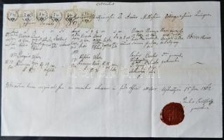 1862 Anyakönyvi kivonat 5 x 7kr okmánybélyeggel + 1kr Hirdetményes bélyeggel / Document with 5 x 7kr fiscal + 1kr advertising stamp