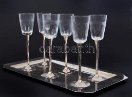Pezsgős készlet tálcával, jó állapotban, pohár: 19 cm, tálca: 39×21 cm