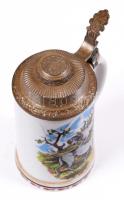Lichte német, porcelán vadász korsó, ón fedővel, jelzett, hibátlan, m:16 cm