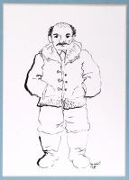 Gonda Zoltán (1943-): Ködmönös férfi. Tus, papír, jelzett, paszpartuban 19×13 cm