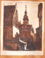 Olvashatatlan jelzéssel: Prag, Jüdische Rathaus. Rézkarc, papír, üvegezett keretben, 36x29cm