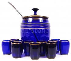 Nagy bólés készlet, kobalt kék üveggel arany festésű peremmel, szecessziós fém merőkanállal, hibátla...