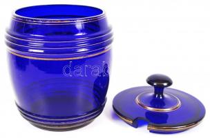 Nagy bólés készlet, kobalt kék üveggel arany festésű peremmel, szecessziós fém merőkanállal, hibátla...