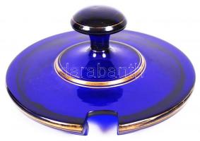 Nagy bólés készlet, kobalt kék üveggel arany festésű peremmel, szecessziós fém merőkanállal, hibátla...