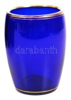 Nagy bólés készlet, kobalt kék üveggel arany festésű peremmel, szecessziós fém merőkanállal, hibátla...