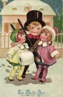 New Year, chimney sweeper, Romanian postcard (EK)