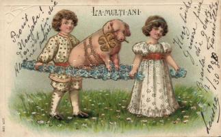 New Year, children, pig, clover, Emb. litho