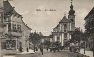 Győr Erzsébet tér, templom, lovasszekér