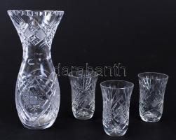 Metszett üveg váza 3db pohárkával / Glass vase with 3 glasses 21cm, 9cm