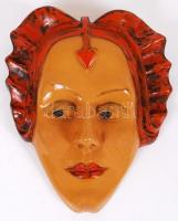 Art-deco női fej, mázas fali kerámia, jelzett, kopott, hibátlan, m:20 cm / Art deco pottery wall mask