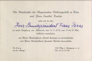 1970 Franz Jonas osztrák köztársasági elnök autogramja a részére küldött magyar nagykövetségi meghív...