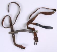 cca 1940 Plédszíj díszes fém fogantyúval /  Leather blanket strap with decorative metal handle