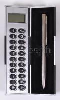 zsebszámológép fémházas tollal saját dobozában, használati utasítással