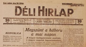 1918 Déli Hirlap száma címlapján az I. világháború végének hírével