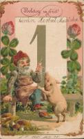 New Year, pig, clover, dwarf, mushroom, litho, Emb.