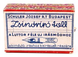 cca 1900 "Zsinóriró toll a Luttor féle uj irásmódhoz" tollhegyes doboz a Schuler József R.T.-től, 3db eredeti tollheggyel