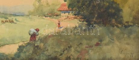 Neogrády Antal (1861-1942): Falu határ. Akvarell, papír, jelzett, üvegezett sérült keretben 44×54 cm