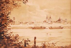 Koszkol Jenő (1868-1935): Duna part Vácnál. Akvarell, papír, üvegezett keretben 34×40 cm