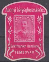 1913 Abonyi bélyegkereskedés Temesvár reklámbélyeg