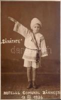 Romanian folklore, saluting boy, the advertisement of Zernest's (Zarnesti) hotel (Rb)