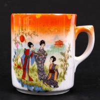 Japán jelenettel díszített, jelzett, pajzspecsétes Zsolnay teásbögre és alátét (részben javított) / ...