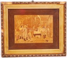 Munkácsy Siralomház reprodukció, fa intarzia, nyomott, sérült keretben, 26×30 cm