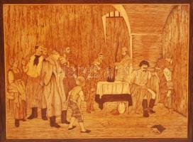 Munkácsy Siralomház reprodukció, fa intarzia, nyomott, sérült keretben, 26×30 cm