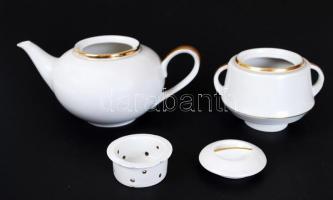 Teás mini szett, jelzett, arany színű peremmel, apró lepattanások a szűrön, m:19 cm