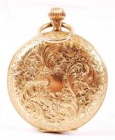 Cca 1910 arany (Au) 18 K zsebóra, jelzett, másodperc mutatós, működő képes, gazdagon díszített tokka...