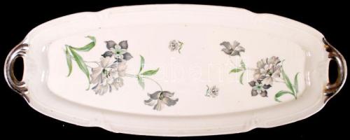 1945 előtt Elegáns, virágokkal díszített, jelzett Drasche süteményes tál ezüstözött szélekkel és fülekkel /  Silver plated porcelain plate with floral decoration, 43x17cm