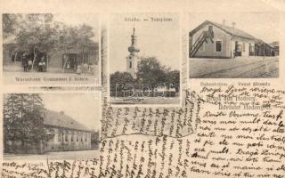 Hodony, shop of Guszmann J., church, railway station, castle (EB)