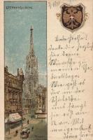 1898 Vienna St. Stephen's Cathedral, coat of arms, litho, artist signed