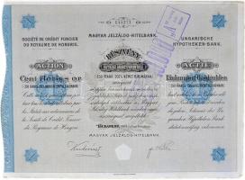 1901. "Magyar Jelzálog Hitelbank" részvénye 100 aranyforintról szelvényekkel magyar, francia és német nyelven T:II- Hungary 1901. "Hungarian Mortgage Bank" stock in 100 Aranyforint value in German, French and Hungarian language C:VF