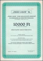 Budapest 1991. OKISZ-LABOR Ipari Szolgáltató Szervező és Kereskedelmi Részvénytársaság 10.000Ft értékű bemutatóra szóló részvénye szelvényekkel T:II