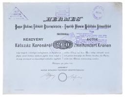 1911. "HERMES - Magyar Általános Váltóüzlet Részvénytársaság" részvénye 200 Koronáról magyar és német nyelven T:II foltos Hungary 1911. "HERMES" stock in 200 Korona value in German and Hungarian language C:XF spot