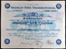 Mád 1927. "Hegyalja-Mádi Takarékpénztár" 5 részvénye összesen 125P-ről szelvényekkel T:II